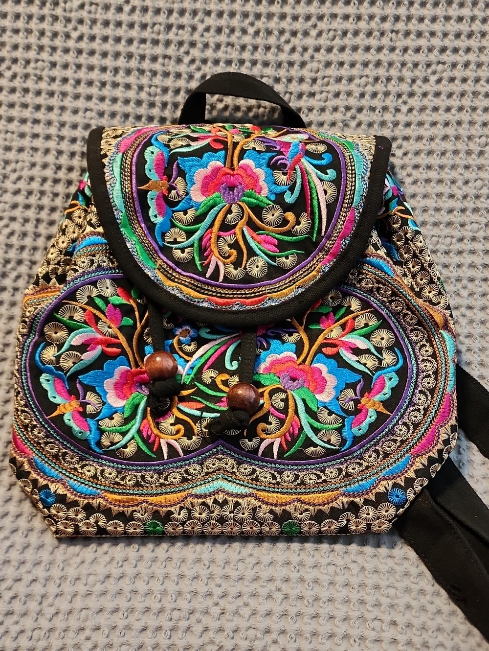 Embroidered Floral Mini Backpack - Black with Multicolor Stitching